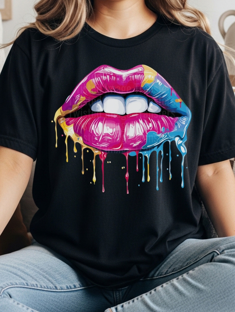 Graphic Dripping Lips Tee - Black with Pink Blue Yellow Print